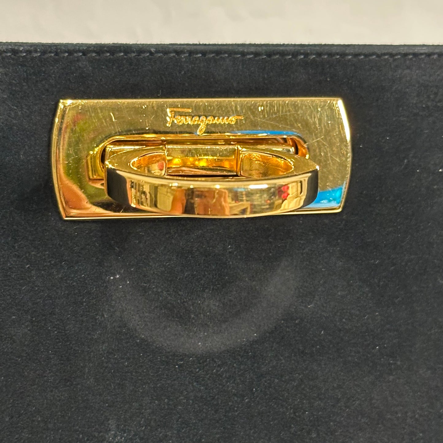Salvatore Ferragamo Vintage Gancini Gold Chain Shoulder Bag in Black Suede