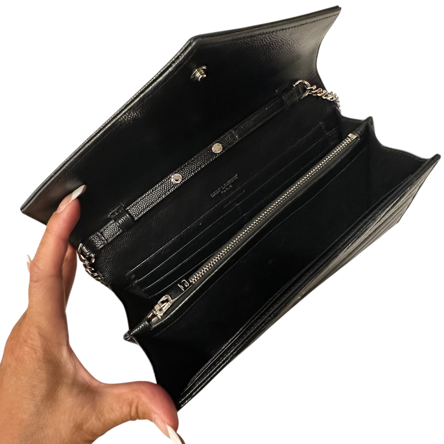 Yves Saint Laurent  Black Chevron Cassandre Envelope Wallet On Chain Black/Silver