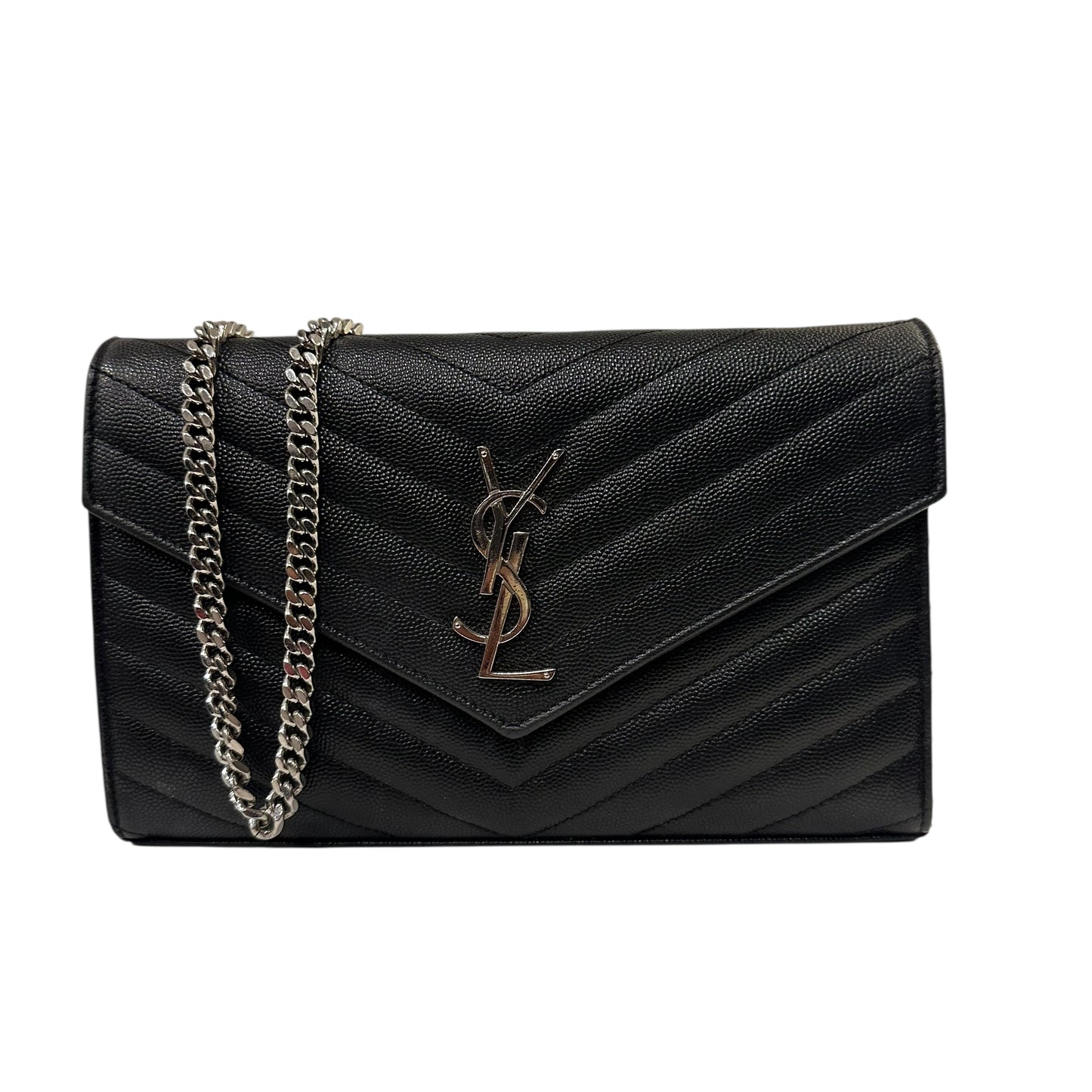 Yves Saint Laurent  Black Chevron Cassandre Envelope Wallet On Chain Black/Silver
