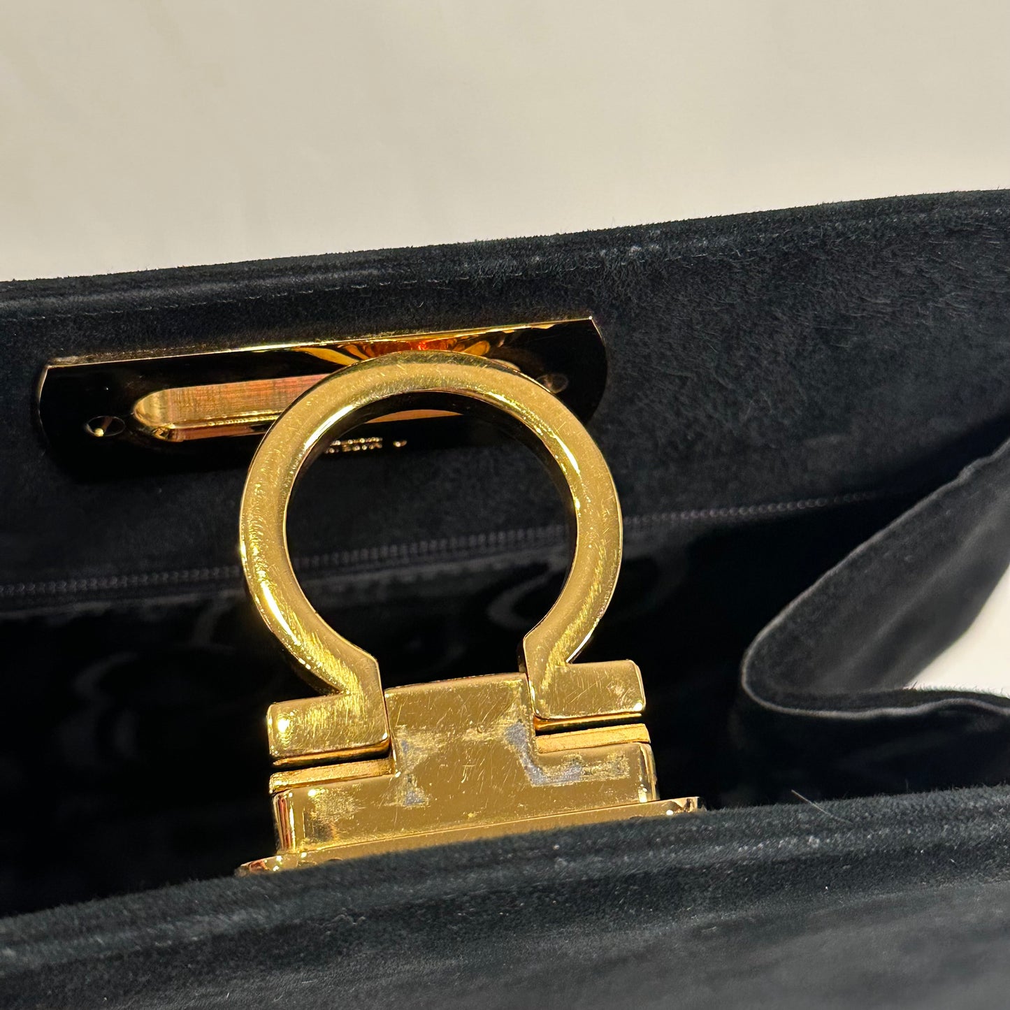 Salvatore Ferragamo Vintage Gancini Gold Chain Shoulder Bag in Black Suede