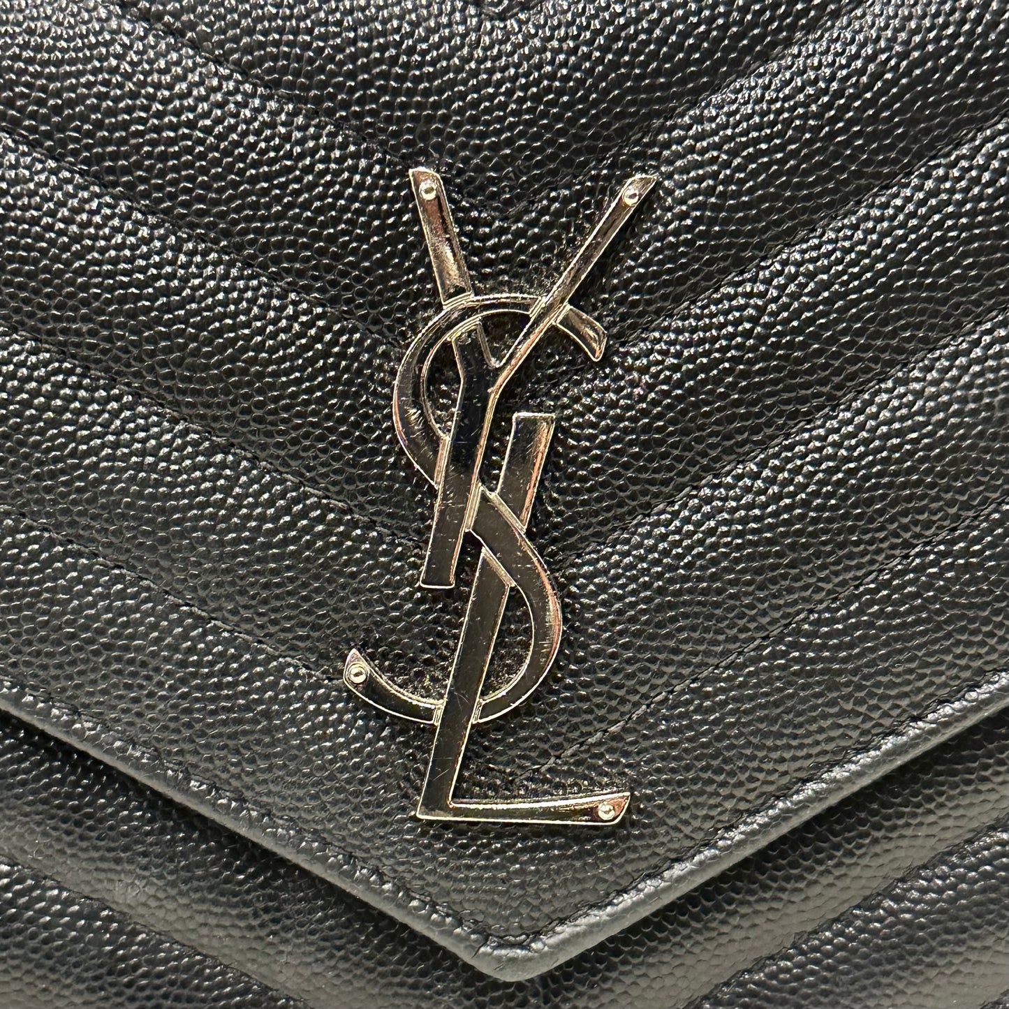Yves Saint Laurent  Black Chevron Cassandre Envelope Wallet On Chain Black/Silver