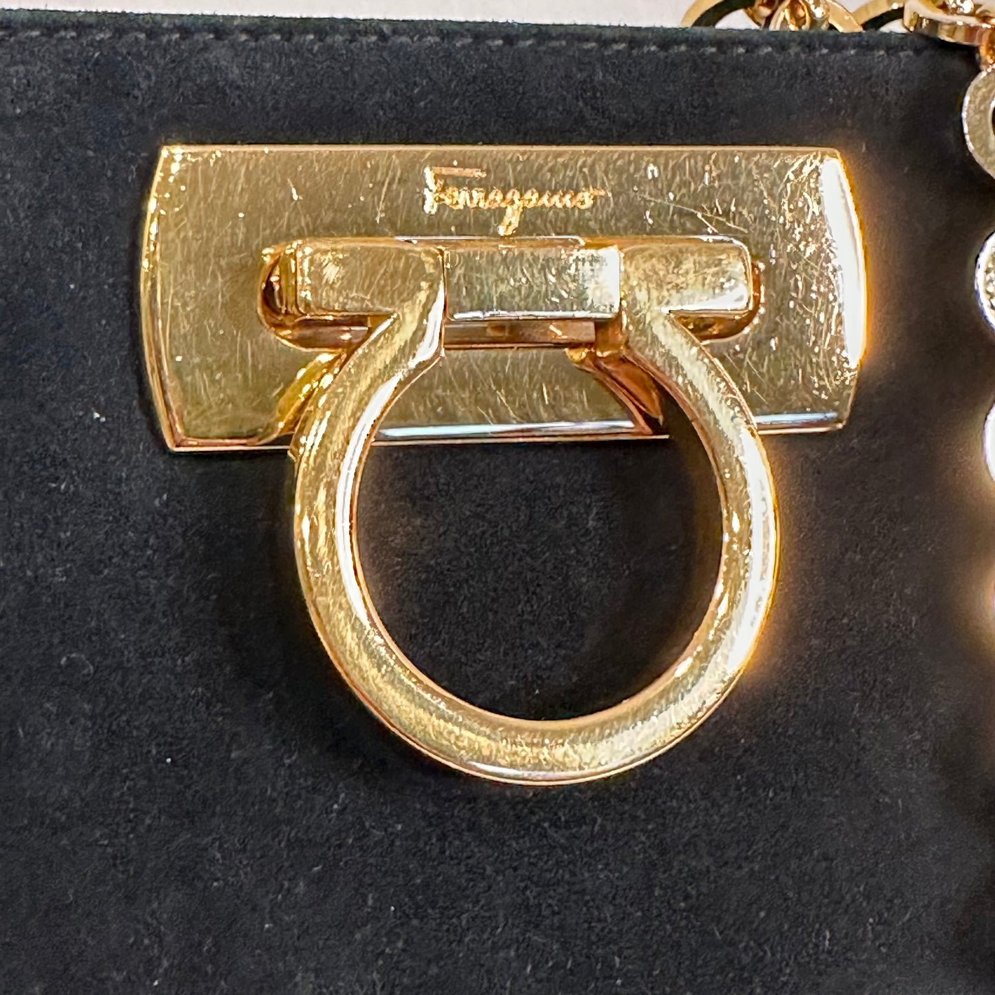 Salvatore Ferragamo Vintage Gancini Gold Chain Shoulder Bag in Black Suede
