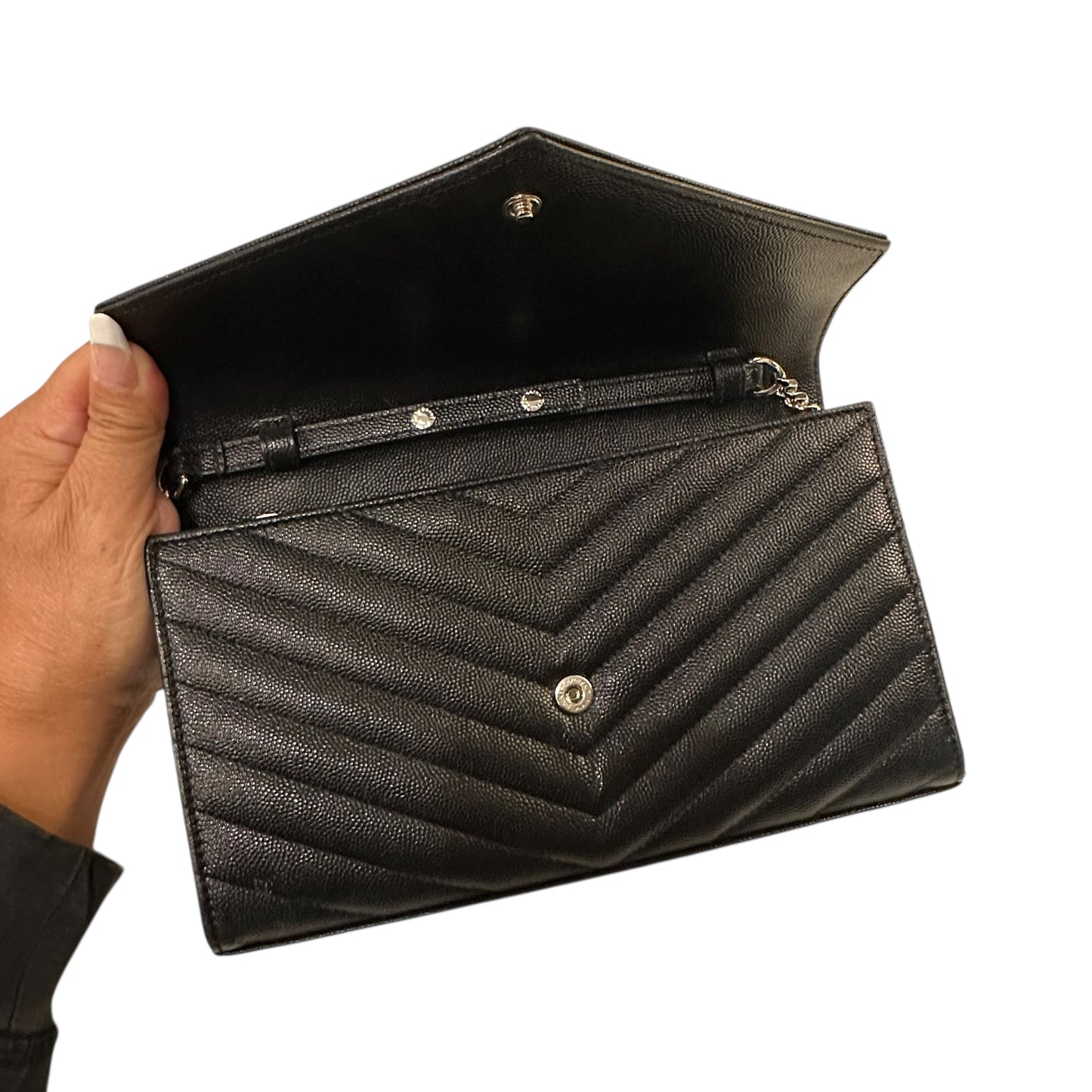 Yves Saint Laurent  Black Chevron Cassandre Envelope Wallet On Chain Black/Silver
