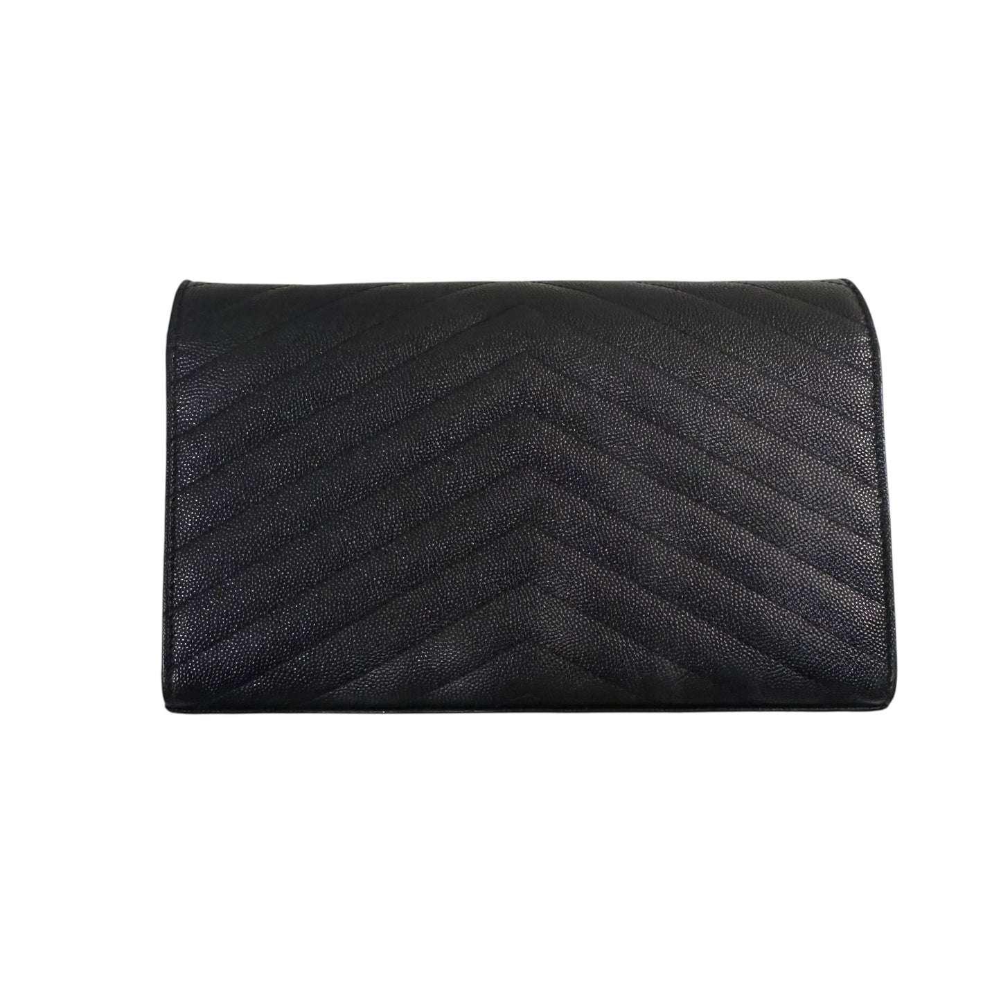Yves Saint Laurent  Black Chevron Cassandre Envelope Wallet On Chain Black/Silver