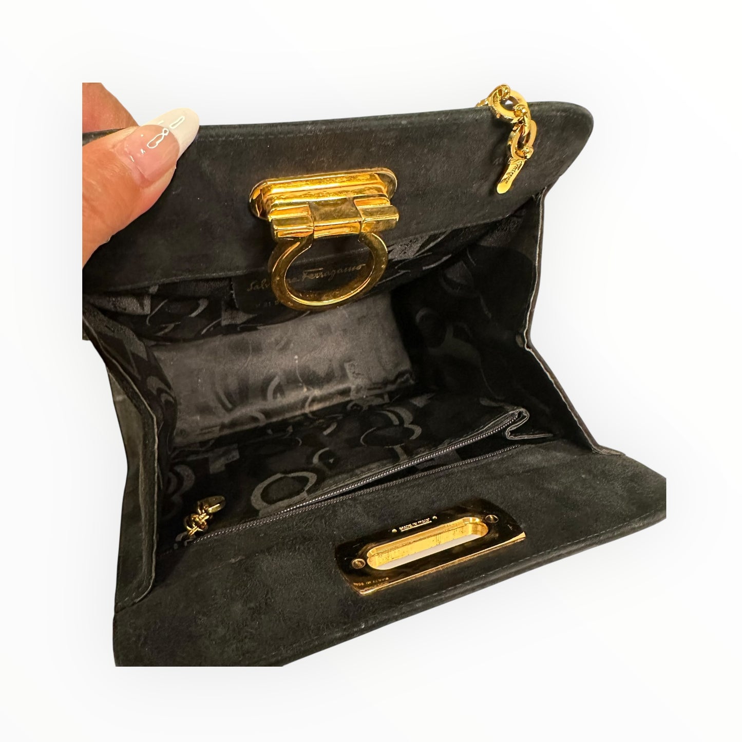 Salvatore Ferragamo Vintage Gancini Gold Chain Shoulder Bag in Black Suede