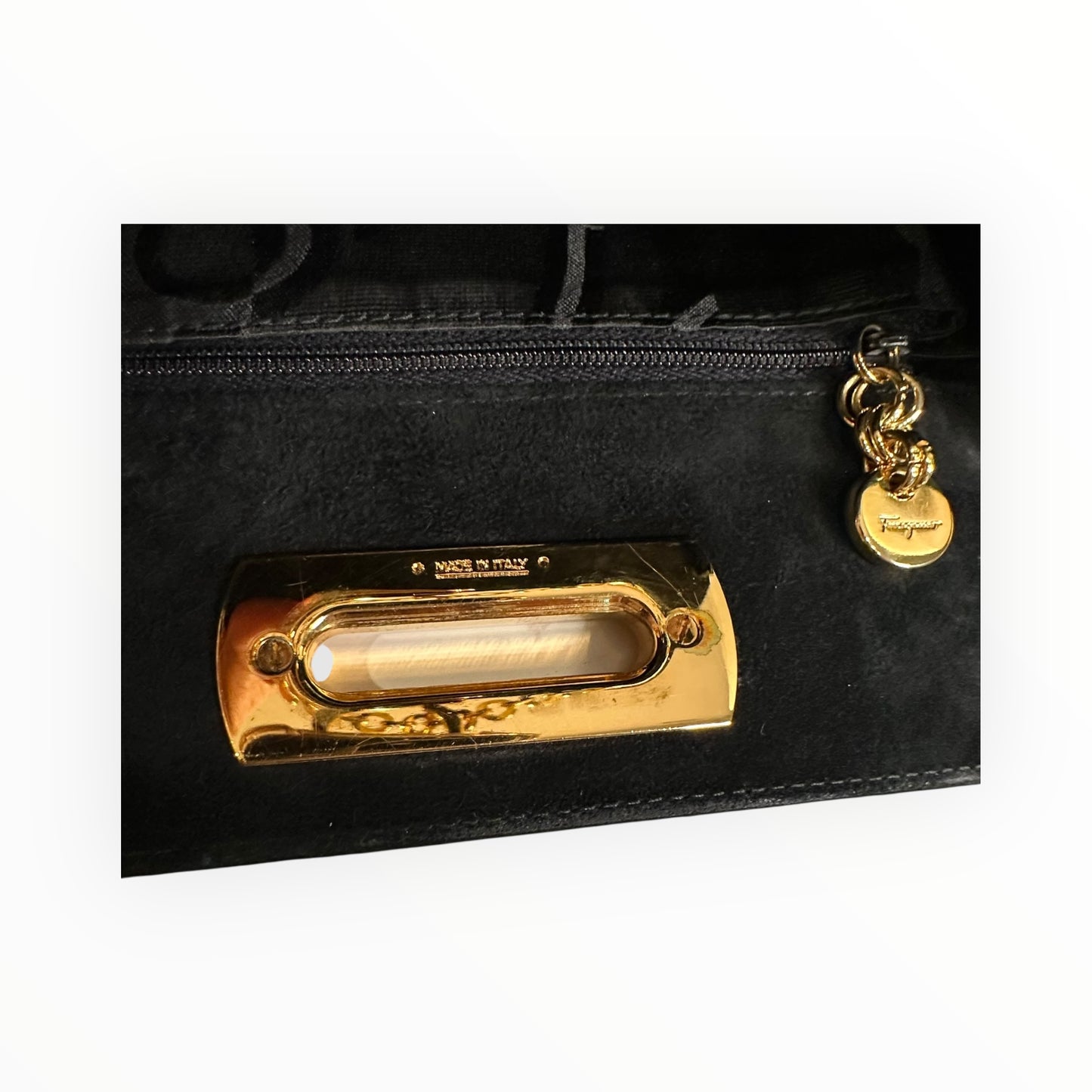 Salvatore Ferragamo Vintage Gancini Gold Chain Shoulder Bag in Black Suede