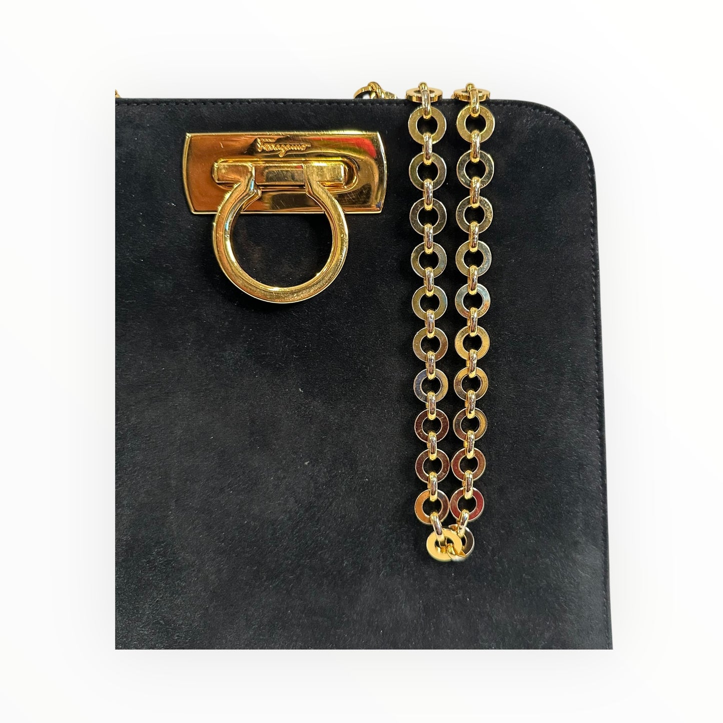 Salvatore Ferragamo Vintage Gancini Gold Chain Shoulder Bag in Black Suede