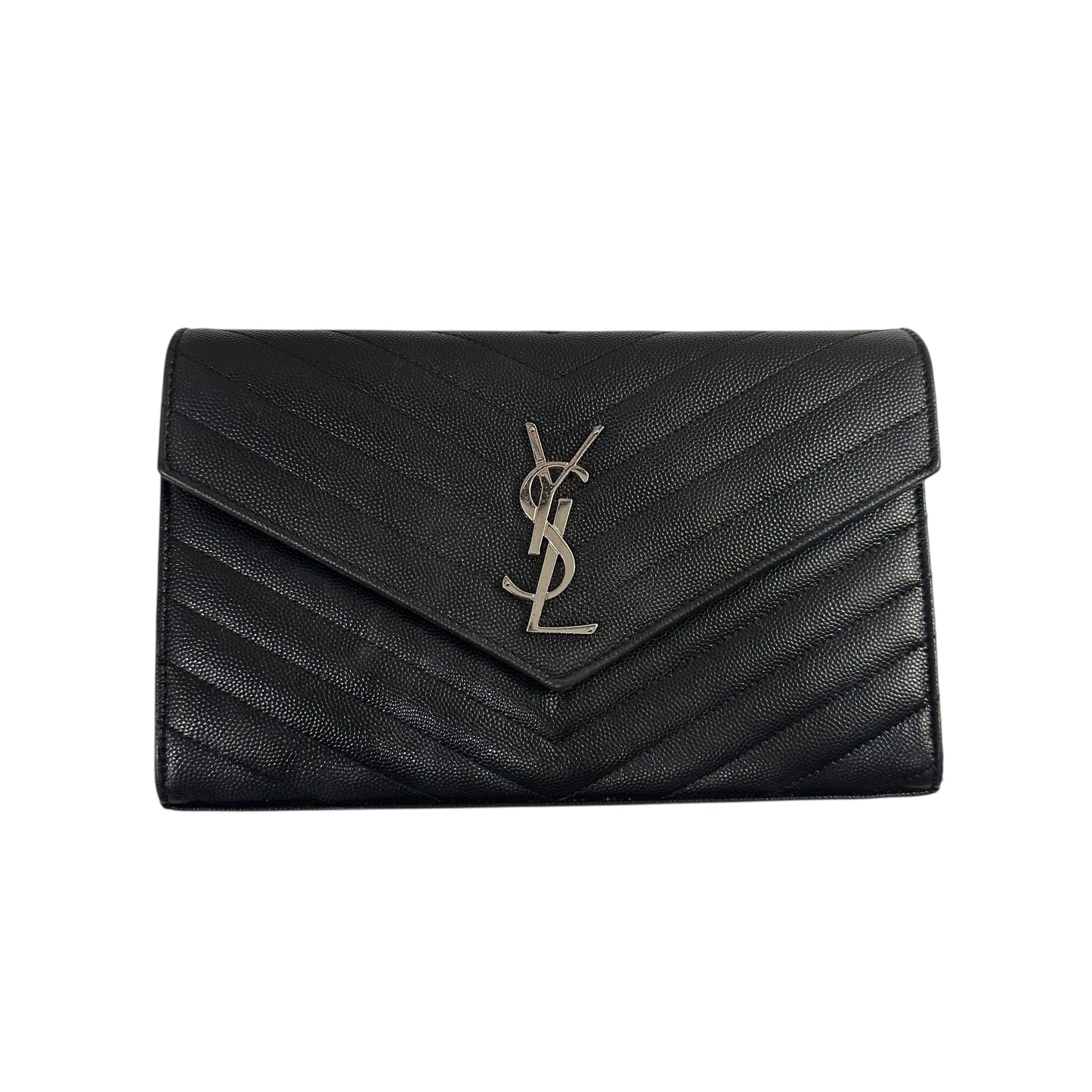 Yves Saint Laurent  Black Chevron Cassandre Envelope Wallet On Chain Black/Silver