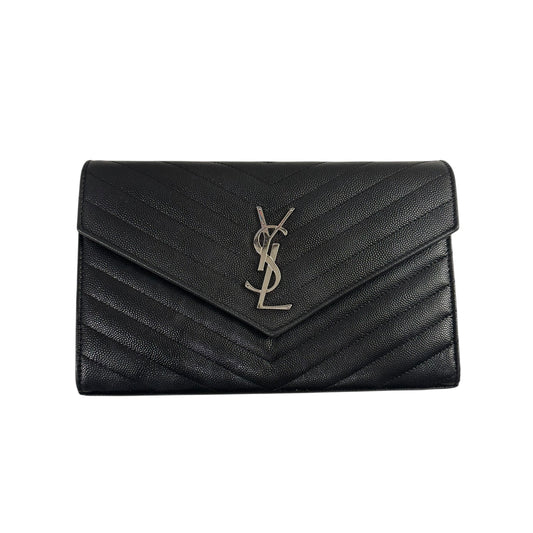 Yves Saint Laurent  Black Chevron Cassandre Envelope Wallet On Chain Black/Silver