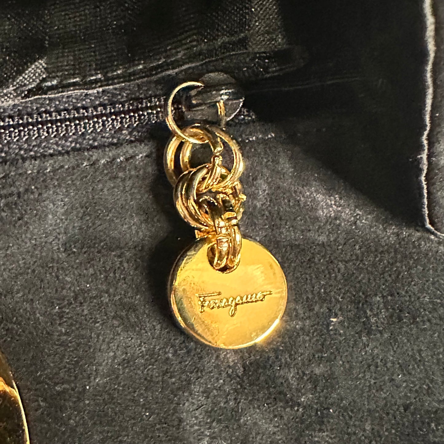 Salvatore Ferragamo Vintage Gancini Gold Chain Shoulder Bag in Black Suede