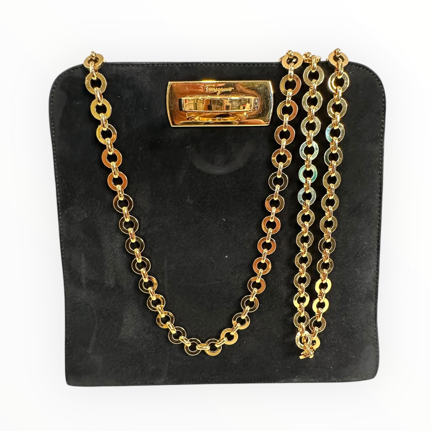 Salvatore Ferragamo Vintage Gancini Gold Chain Shoulder Bag in Black Suede