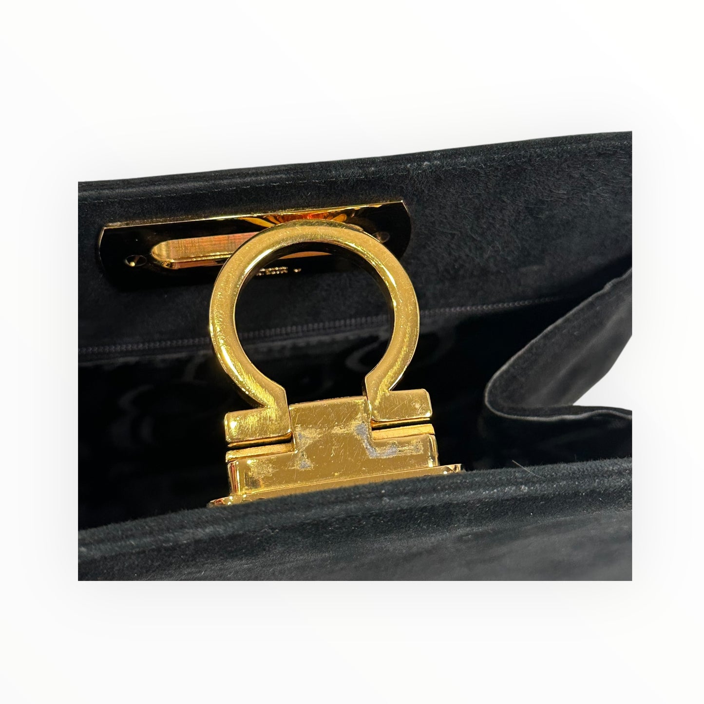 Salvatore Ferragamo Vintage Gancini Gold Chain Shoulder Bag in Black Suede