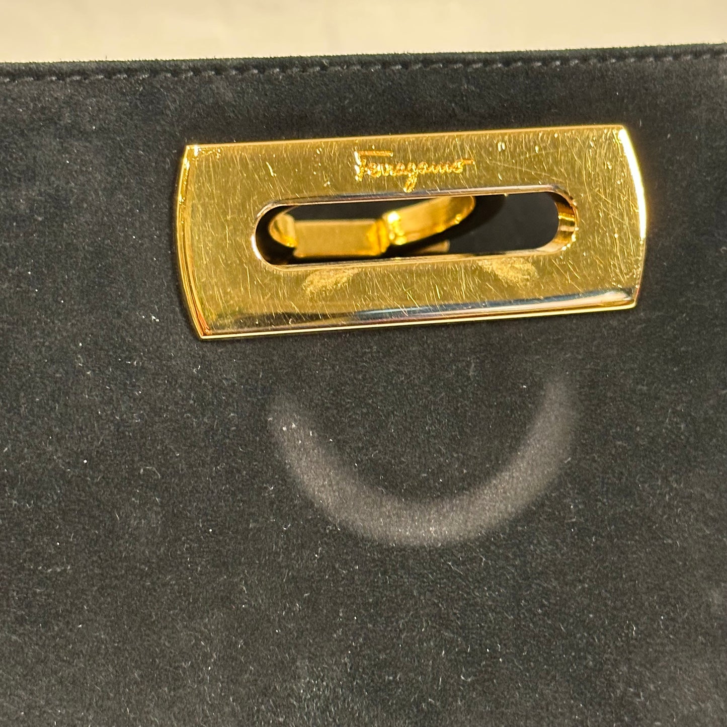 Salvatore Ferragamo Vintage Gancini Gold Chain Shoulder Bag in Black Suede