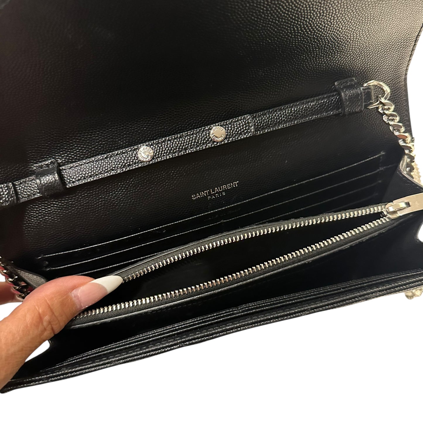 Yves Saint Laurent  Black Chevron Cassandre Envelope Wallet On Chain Black/Silver