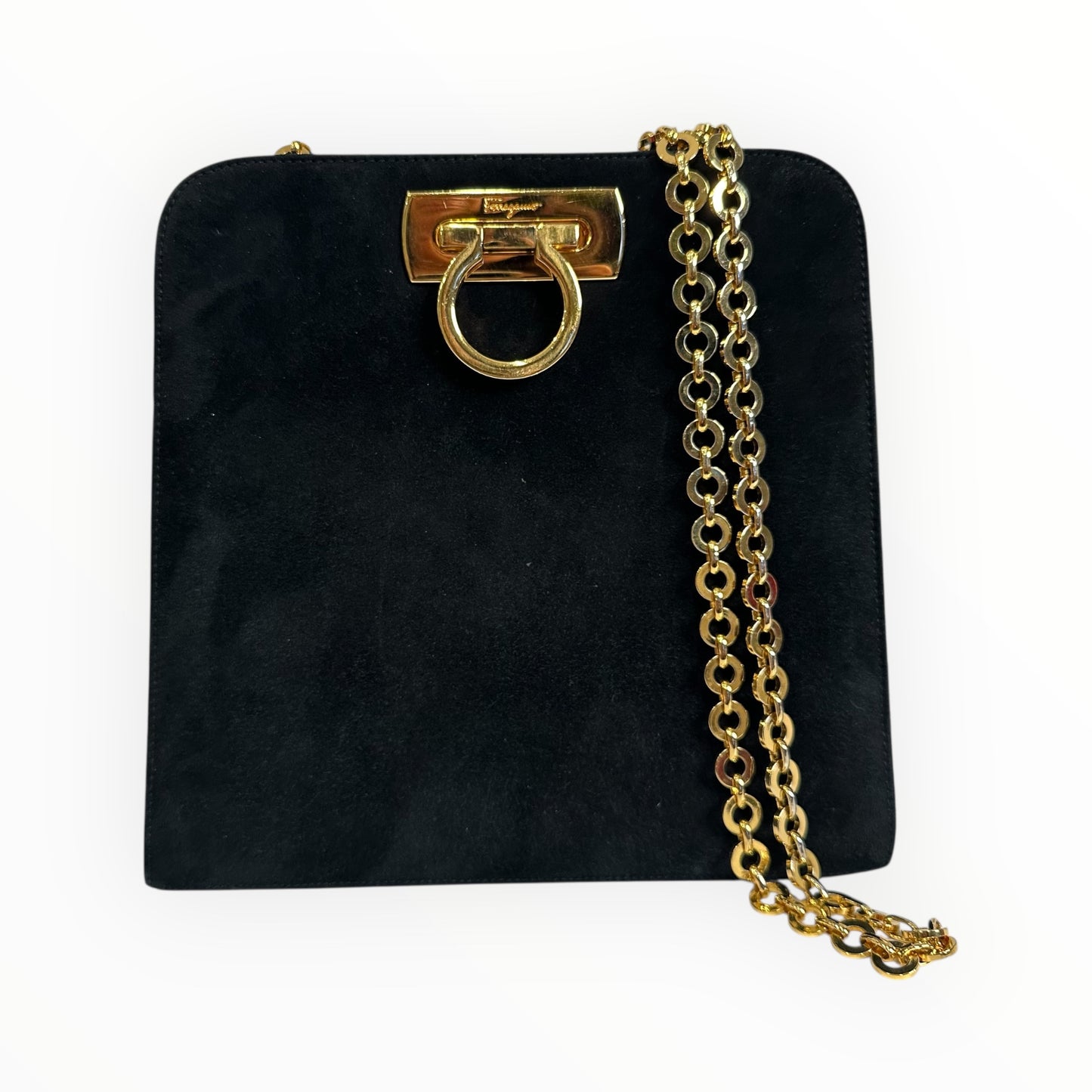 Salvatore Ferragamo Vintage Gancini Gold Chain Shoulder Bag in Black Suede