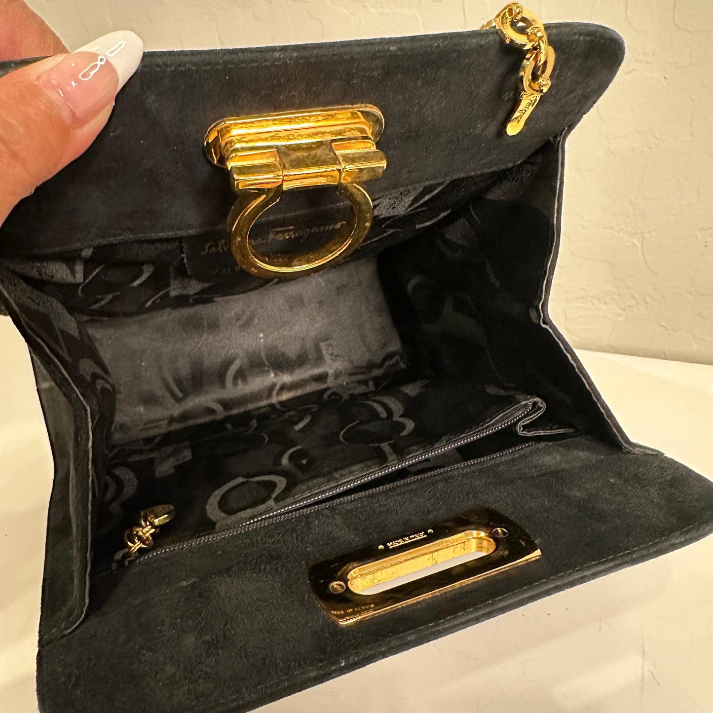 Salvatore Ferragamo Vintage Gancini Gold Chain Shoulder Bag in Black Suede