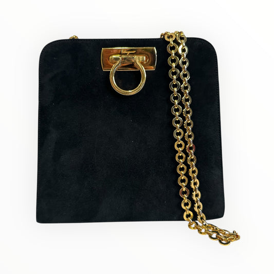 Salvatore Ferragamo Vintage Gancini Gold Chain Shoulder Bag in Black Suede